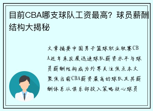 目前CBA哪支球队工资最高？球员薪酬结构大揭秘